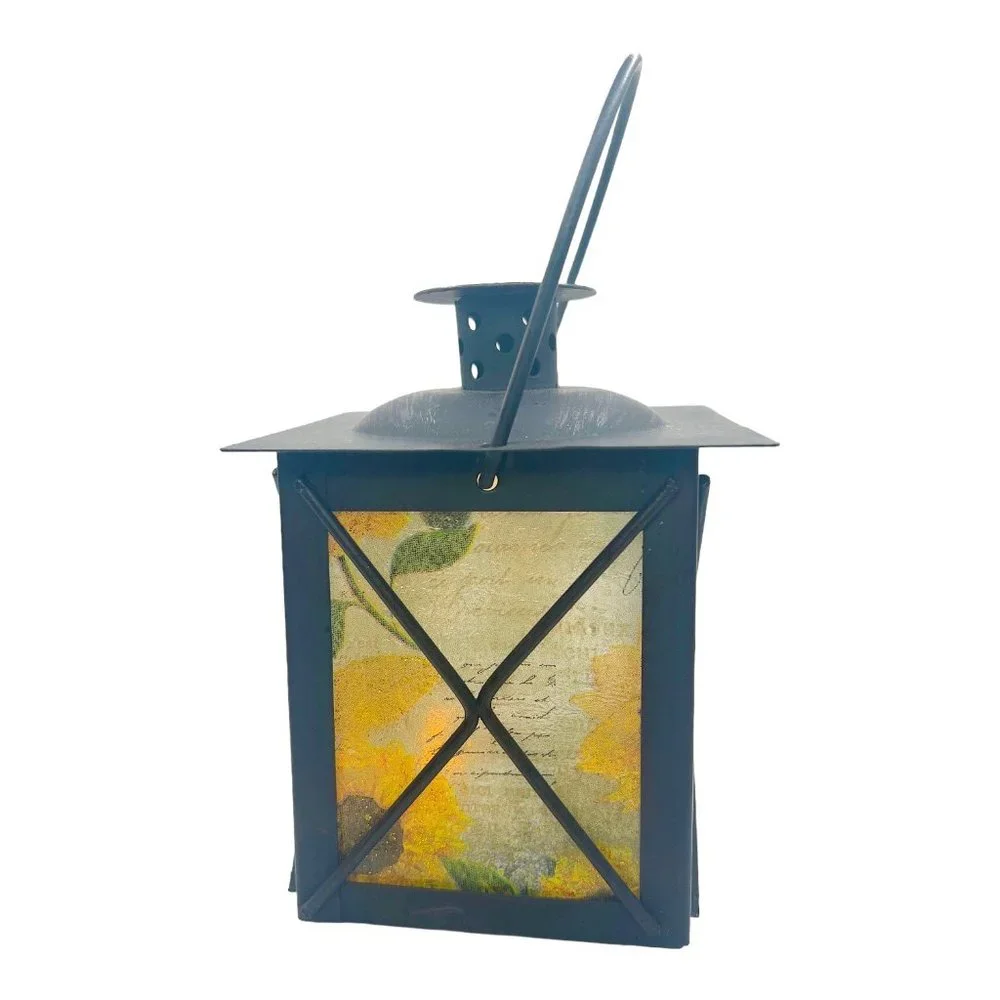 Artisan Crafted Metal Lantern Decoupaged Sunflower Paper Set of 2 One of a Kind